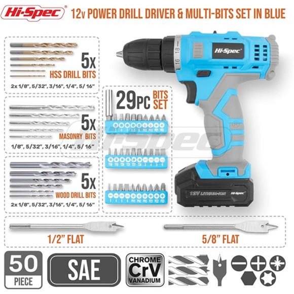 50pc Blue12V Electric Battery Drill Driver Kit & Bit Set.Cordless Portable Power - Picture 4 of 6
